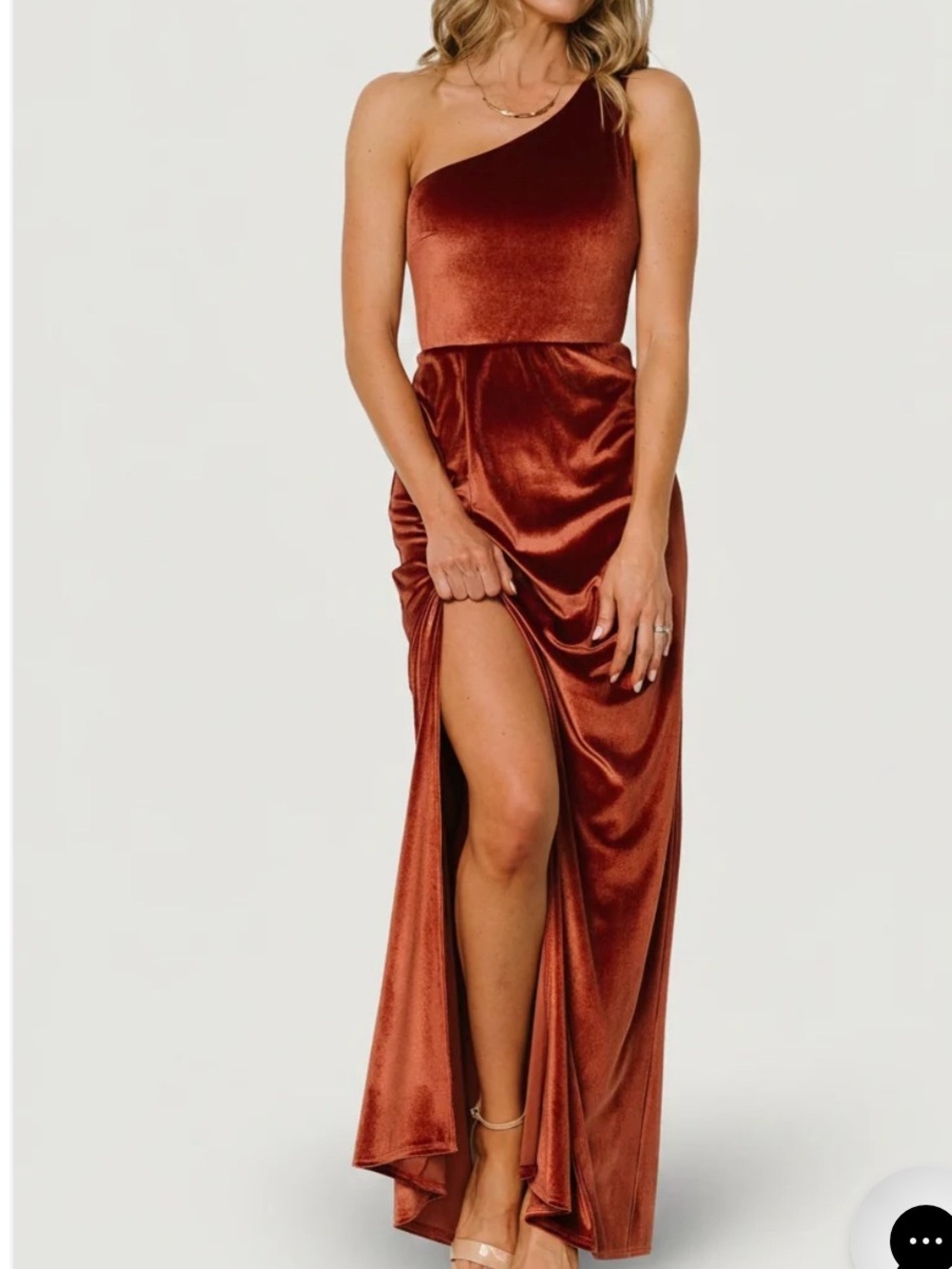 Baltic Born One-Shoulder Velvet Maxi Dress in Rust Orange(Cinnamon)
